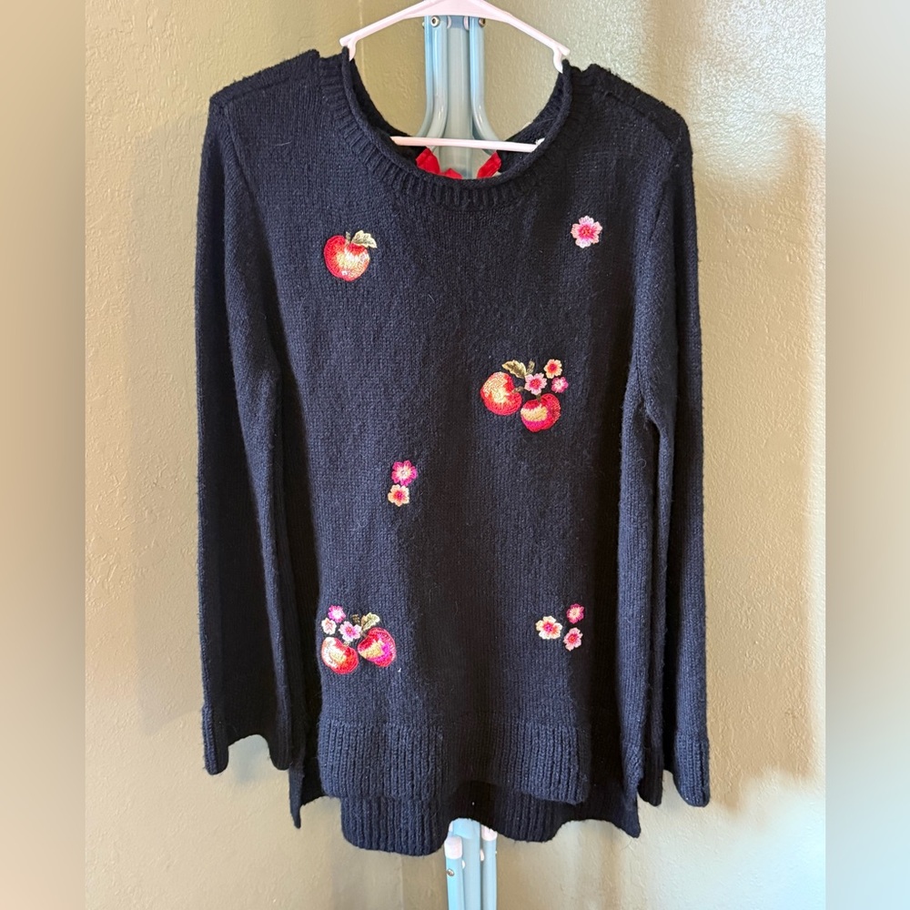 LC Lauren Conrad Black Sweater with Apple and Floral Embroidery